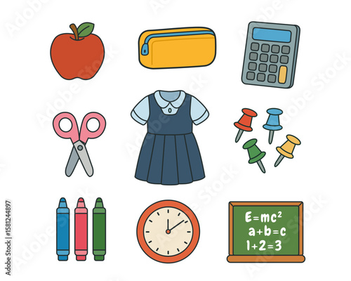 Set of school objects uniform scissors pencil clock apple chalkboard for classroom study and learning design elements. Vector illustration.