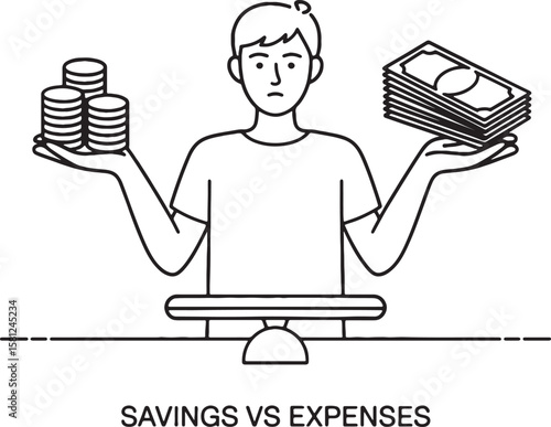 Person balancing coins and banknotes on a scale balance
