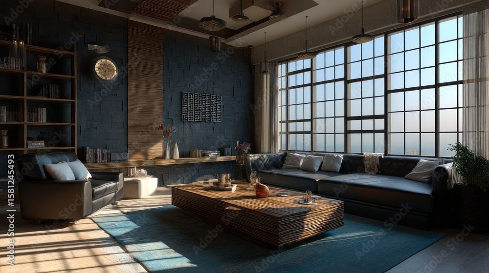 Fototapeta premium Modern Loft Apartment Interior Design with Panoramic Window View