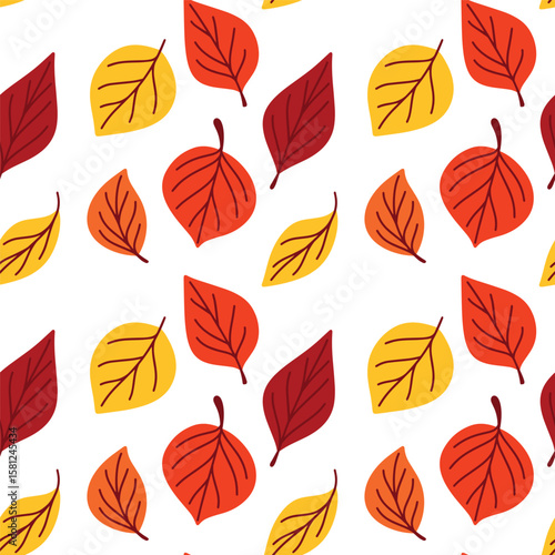 Seamless pattern of handdrawn autumn leaves in red, yellow and orange tones scattered on white background for seasonal textile and paper