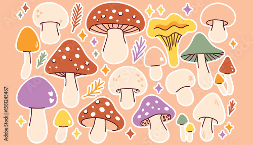 Playful mushroom collection with diverse shapes, colors, and sizes. Forest fungi with sparkles and botanical elements on peach background