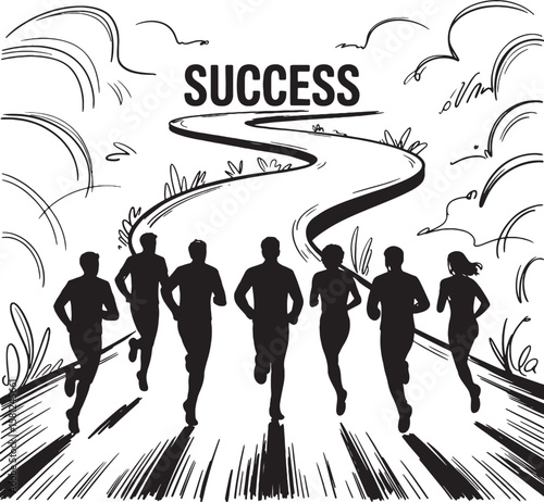 Silhouettes of runners on a path towards success with abstract elements running people