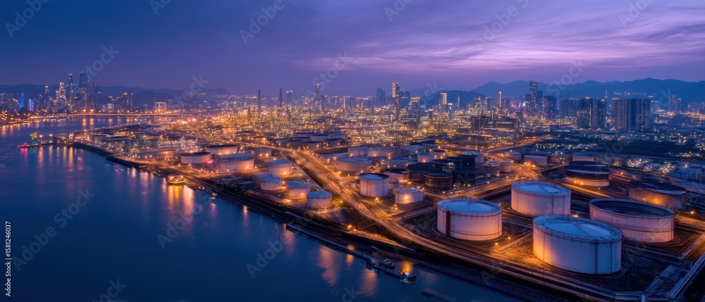 Fototapeta premium Night View of Industrial Complex and City Skyline