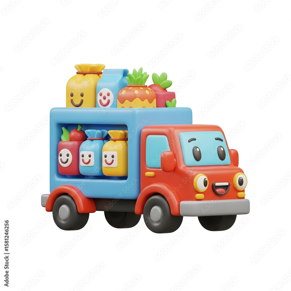 Fototapeta premium Colorful toy food truck with smiling characters and fruits on top 