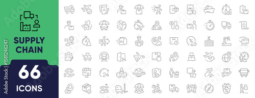 Supply Chain Line Icon Set. Set of 66 outline icons including production, logistics, inventory, delivery, distribution, warehouse, and tracking. Editable stroke. Linear vector illustration.