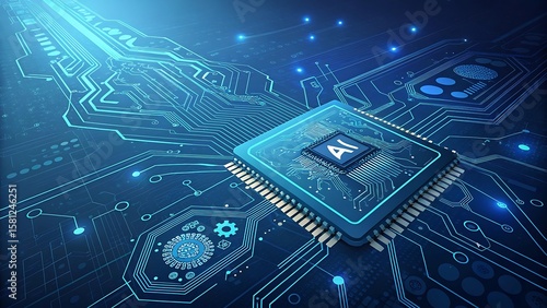 Futuristic ai chip on a glowing blue circuit board isolated on white background