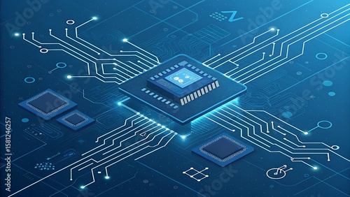 Abstract digital circuit board with glowing lines and processors isolated on white background