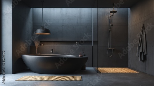 Modern Dark Minimalist Bathroom Design with Freestanding Bathtub and Shower