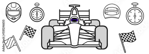 Formula 1 racing vector illustration showing front view of F1 car with helmets, stopwatches, and checkered flags in black and white minimal line art style
