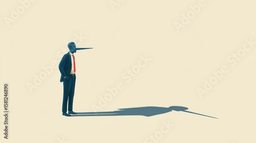 Long nose liar. Dishonest businessman hiding lie. Fake business truth. Man with pinocchio shadow. False manager cheat guy vector concept, no logos, no brands