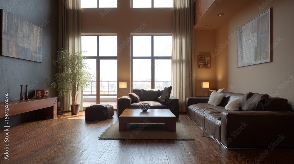 Fototapeta premium Modern Living Room Interior Design: Sunlight Streaming Through Large Windows