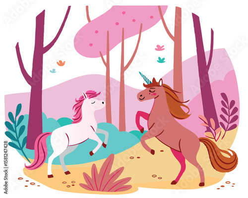 Enchanted forest with magical creatures. Whimsical fairy-tale vector, flowing organic shapes, ethereal lighting, and dreamy pastel hues