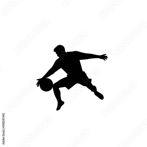A silhouetted figure dribbles a basketball while leaping mid-air, displaying skill and agility, vector.