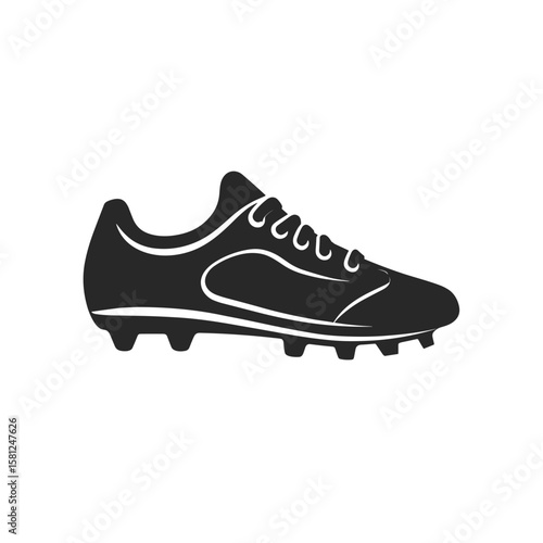 A black and white illustration of a laced athletic shoe with cleats on the bottom, vector.