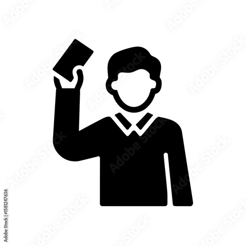 A person holds up a card in their right hand, potentially indicating a penalty or a vote, symbol in black, vector.