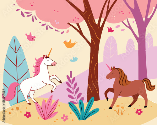 Enchanted forest with magical creatures. Whimsical fairy-tale vector, flowing organic shapes, ethereal lighting, and dreamy pastel hues