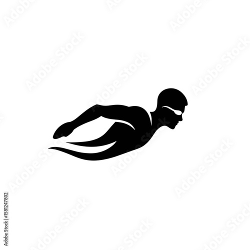 Black silhouette of a swimmer wearing goggles diving, gliding through water with fluid movement, vector.
