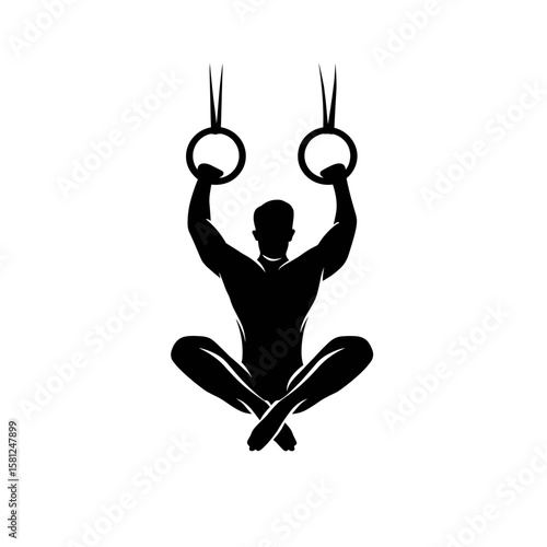 Silhouette of an athlete performing a cross position on gymnastics rings demonstrating strength and control, vector.
