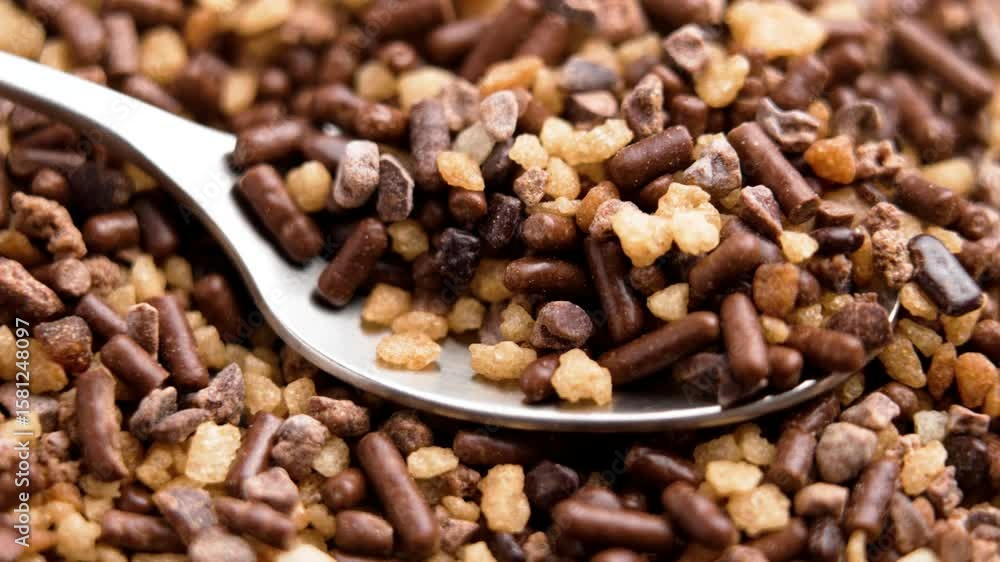 Coffee spice with caramel particles and chocolate sprinkles in metal spoon. Rotation Coffee spice with caramel particles and chocolate sprinkles in metal spoon. Rotation