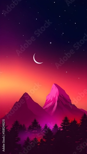 A serene mountain landscape featuring a crescent moon and silhouetted trees against a twilight sky.
