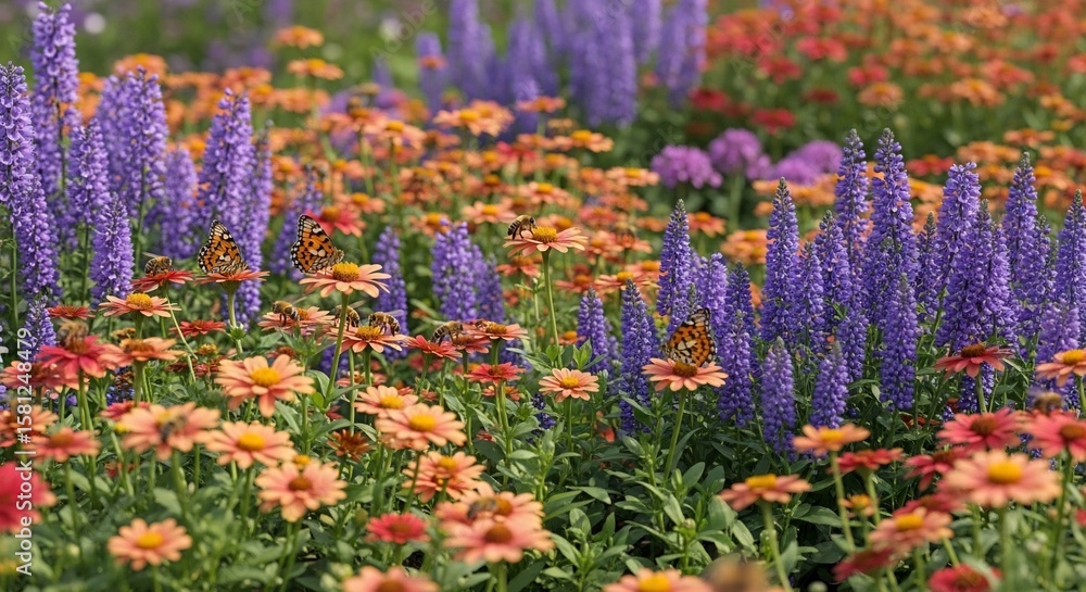Obraz premium Vibrant Butterfly and Bee Haven: Colorful Flowers in Full Bloom