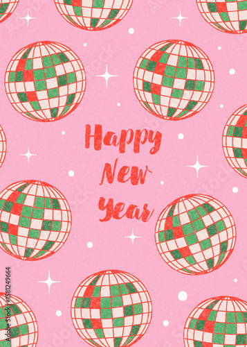Groovy Christmas disco ball vector greeting card. Hand drawn retro Xmas holiday season aesthetic background.