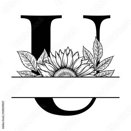 Sunflower split monogram design, alphabet letter U decorated with floral illustration. Perfect for personalized gifts, farmhouse decor, wedding initials, laser cut file, family sign, and DIY crafts.