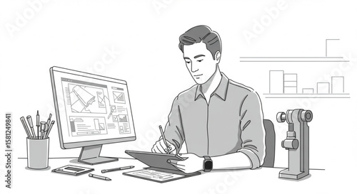 Male engineer or architect working on a technical project with a computer and tablet, creating a digital blueprint in a modern office.