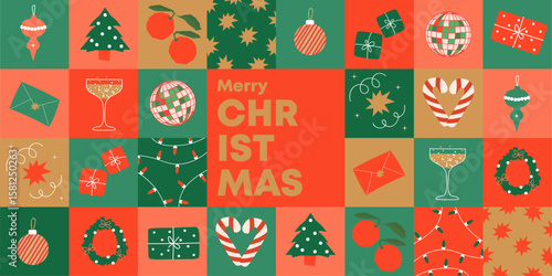 Merry Christmas and Happy New Year! 2026.Vector modern cute illustration of Christmas tree balls, toys, pattern, gift, sugar cane, holy for greeting card, frame, banner, postcard, background
