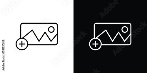 Add photos icon. Black illustration isolated for graphic and web design.