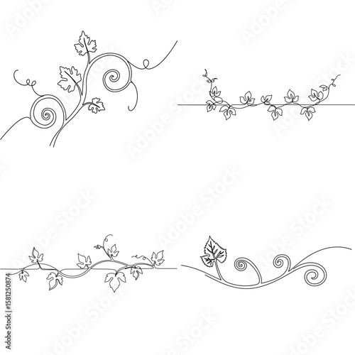 Set of grapevine decorative elements in black line art isolated on transparent background