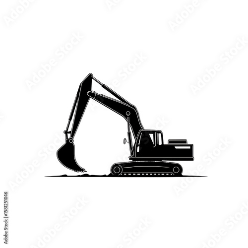 Silhouette of a heavy-duty excavator. Construction equipment for digging, moving earth, and site preparation. Black and white machinery illustration.
