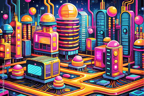 Vibrant Futuristic Neon Metropolis Vector Illustration
