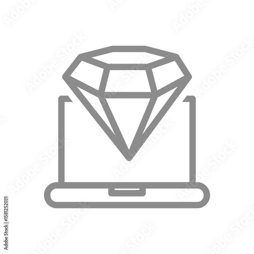 Diamond with open laptop line icon. Denotes online value, digital luxury symbol. Vector illustration