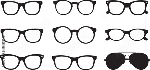 Collection of various black eyeglass and sunglass silhouettes isolated on white background isolated on transparent background