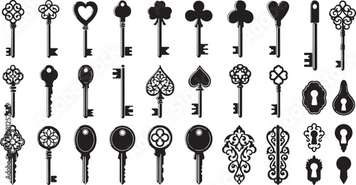 Collection of ornate antique and modern keys and keyholes isolated on white background isolated on transparent background silhouette