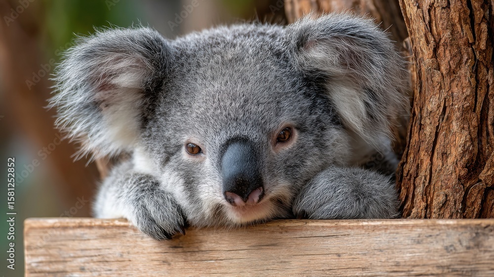 Obraz premium A baby koala is laying on a wooden board. The koala is looking at the camera with a curious expression