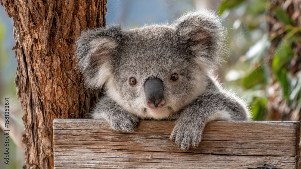 Fototapeta premium A baby koala is laying on a wooden board. The board is in front of a tree