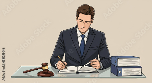 Professional lawyer or businessman in a suit sitting at a desk, writing in a logbook with a gavel and document binders.