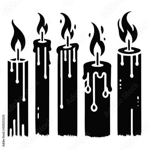 "Candle Silhouette Set in Black and White – Decorative Flame Icons and Wax Light Vectors"