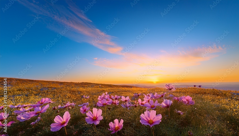 Fototapeta premium vibrant pink flower over yellow surface with stunning gradient sky in soft pastel hues of pink and blue at sunset or sunrise perfect for nature and floral themes