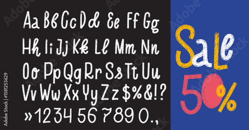 Bold white alphabet with lowercase, uppercase letters. Capital letters in Punk style. Brush drawn grunge typography for collages, design posters. Vector stencil graffiti grunge font with thick strokes