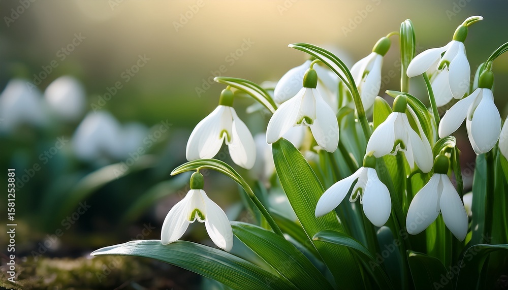 Obraz premium delicate white snowdrop flowers with green leaves illustration