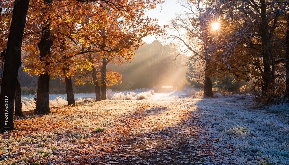 Obraz premium frosty path covered with autumn leaves and morning sunlight filtering through trees