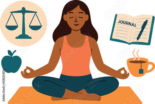 Flat vector stress management scene: yoga, journal and tea, emotional balance for healthy weight, isolated on white