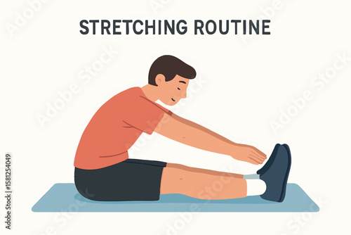 Flat vector stretching routine with character reaching to toes, cool down moment, isolated on white