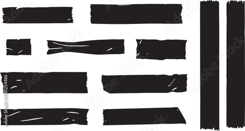 Collection of black tape pieces and strips silhouette isolated on white background isolated on transparent background
