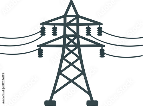 Flat vector three-phase power transmission tower (HV pylon) with insulators and cables, isolated on white