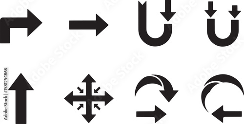 Collection of eight black arrow icons isolated on white background isolated on transparent background silhouette