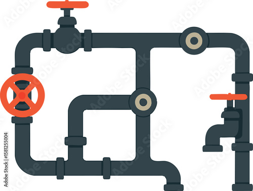 Flat vector underground water pipe system with valves and connection points, isolated on white